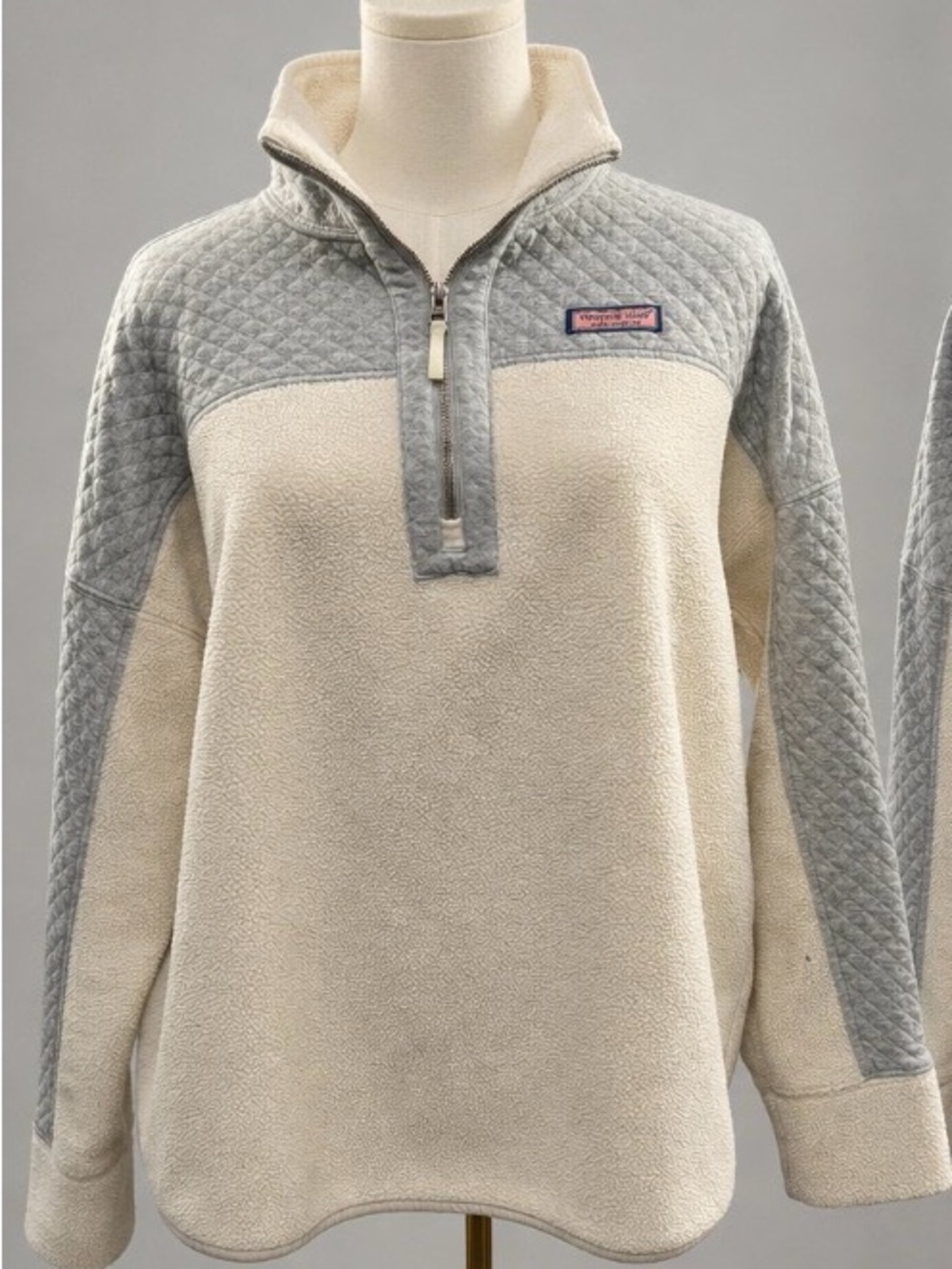 Vineyard Vines Sherpa Fleece Quilted Quarter Zip Pullover Cream Gray Size Large